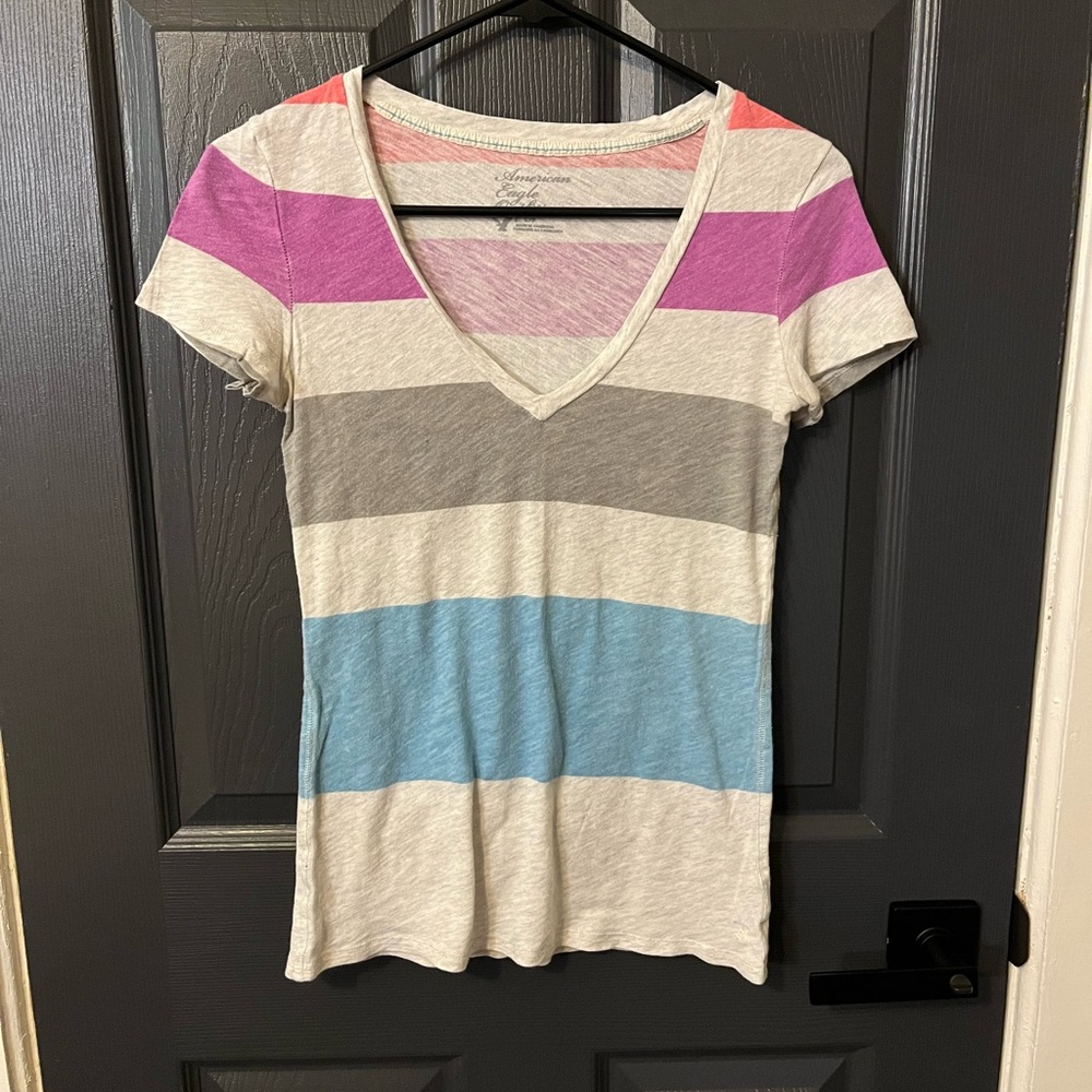 American Eagle Outfitters Multicolor Striped V-Neck Tee